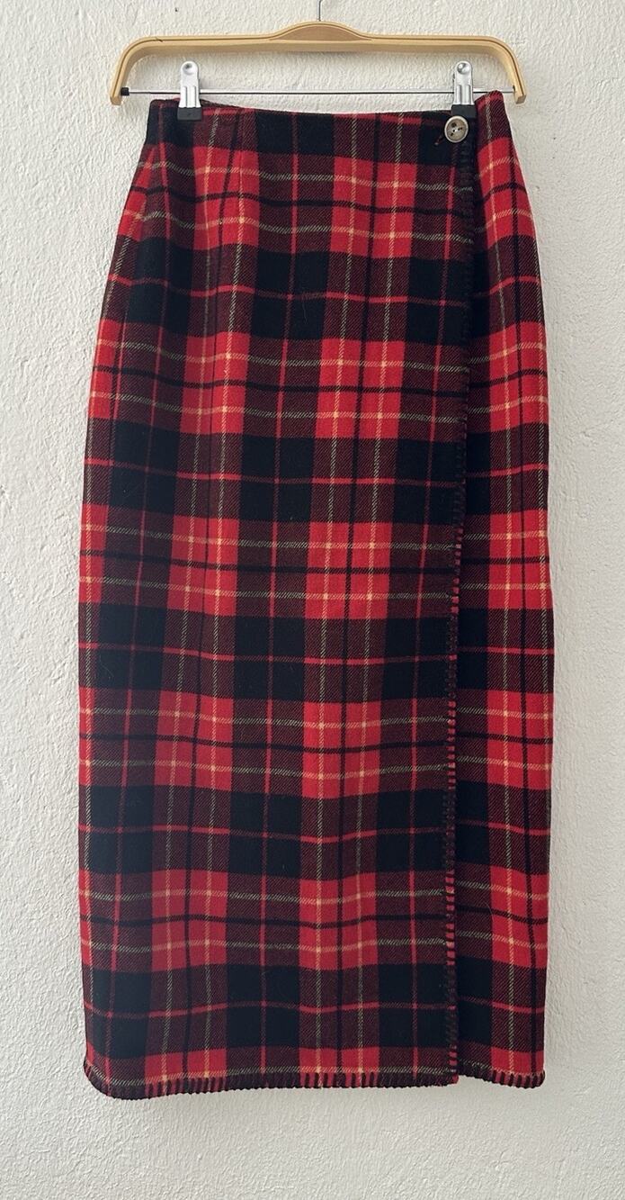 Vintage GAP Plaid Wool Blend Maxi Wrap Skirt Size 4 Red Black Tartan 90s Preppy